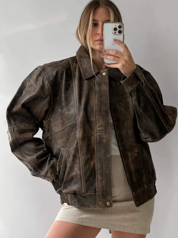 90 s Style Vintage Distressed Oversized Brown Leather Jacket S