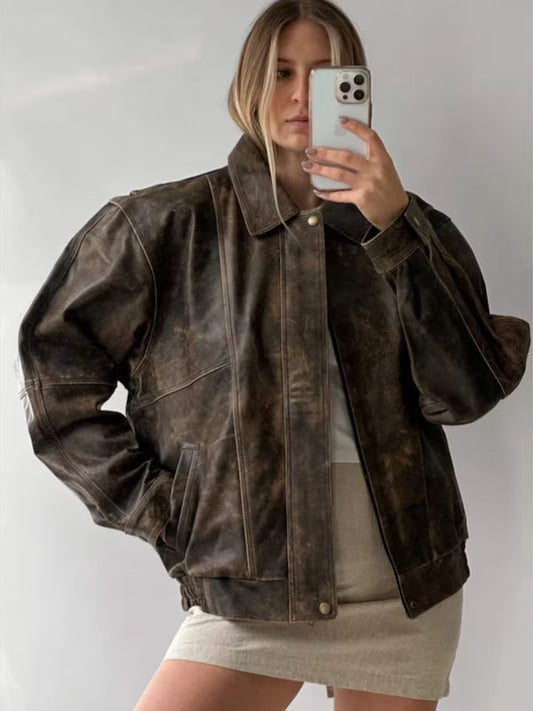 90's Style Vintage Distressed Oversized Brown Leather Jacket
