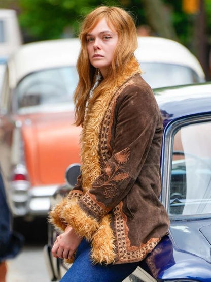 Elle Fanning A Complete Unknown Brown Fur Suede Jacket