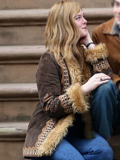 Elle Fanning A Complete Unknown Brown Fur Embroidered Jacket