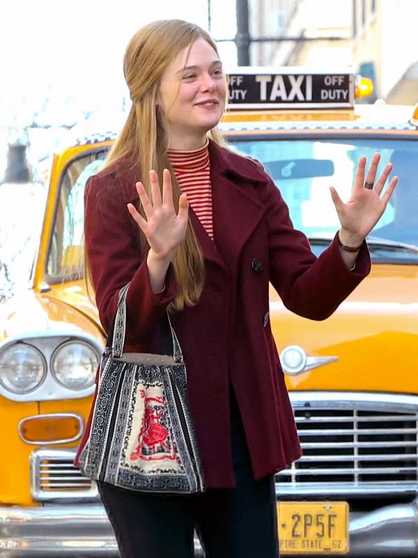 Sylvie Russo A Complete Unknown Elle Fanning Maroon Pea Coat