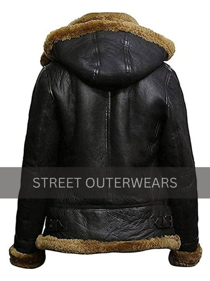 B3 Fur Black Genuine Leather Aviator Flight Jacket 