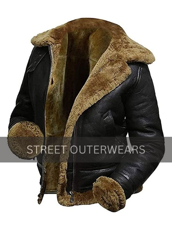 B3 Fur Black Genuine Leather Aviator Flight Jacket 