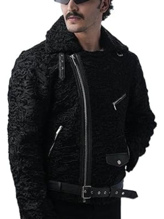 B3 Lamb Fur Biker Black Leather jacket