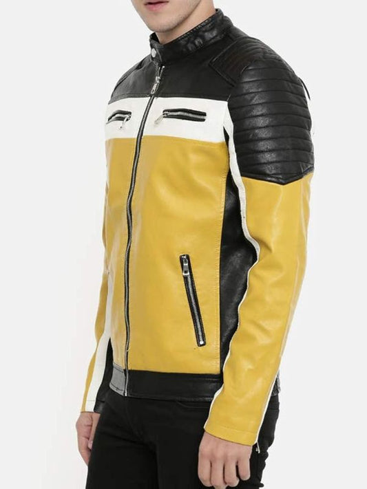 Black and Yellow Leather Motorcycle Jacket for Men - Shop Now