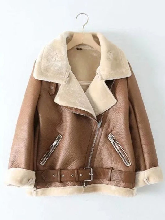 Women Thick Sheepskin Fur Leather Long Jacket