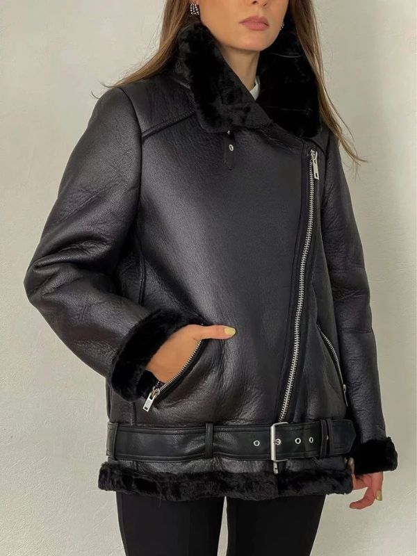 Women Thick Sheepskin Fur Leather Long Jacket
