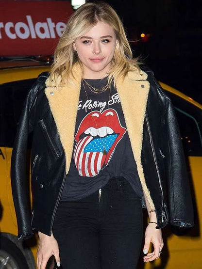 Chloe Grace Moretz Street Style Black Leather Jacket