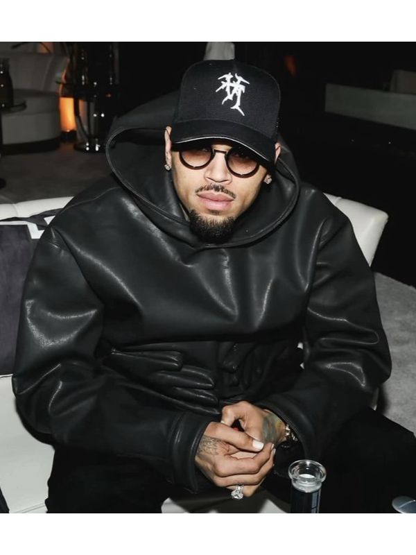 Chris Brown Oversized Black Leather Hoodie