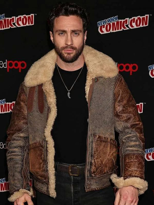 Comic Con Aaron Taylor Johnson Shearling Leather Jacket