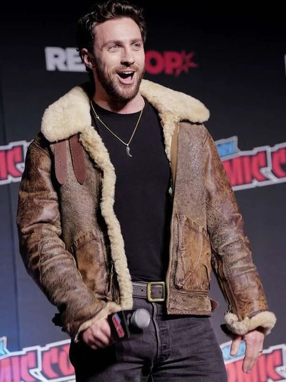 Comic Con Aaron Taylor Johnson Shearling Leather Jacket