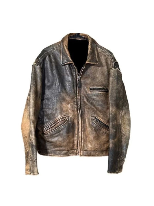 Distressed Sandwash Biker Brown Leather Jacket - Sale