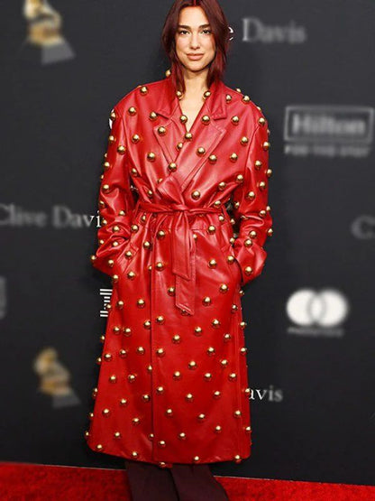 Dua Lipa Pre-grammy Gala Red Leather Coat