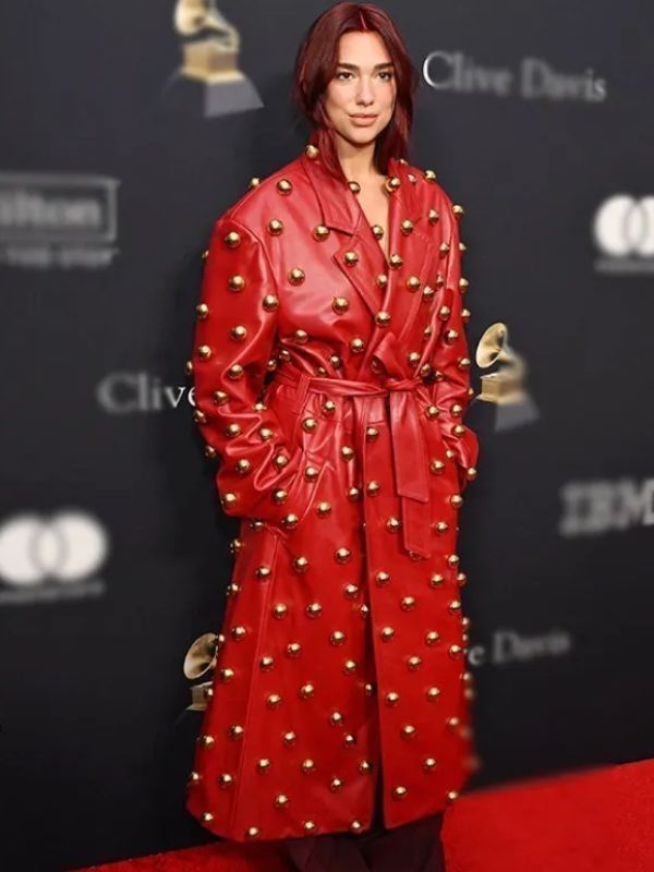 Dua Lipa Pre-grammy Gala Red Leather Coat