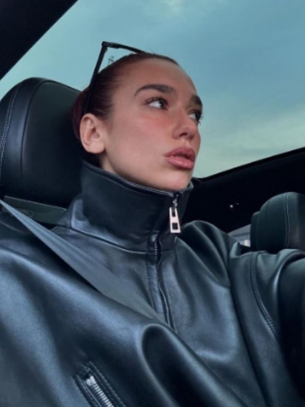 Dua Lipa Stylish Oversized Black Leather Jacket