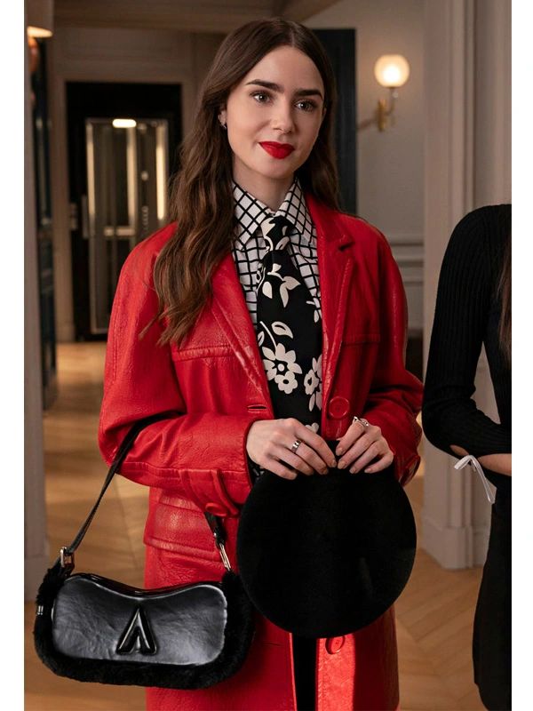 Lily Collins Emily in Paris S04 Red Leather Coat