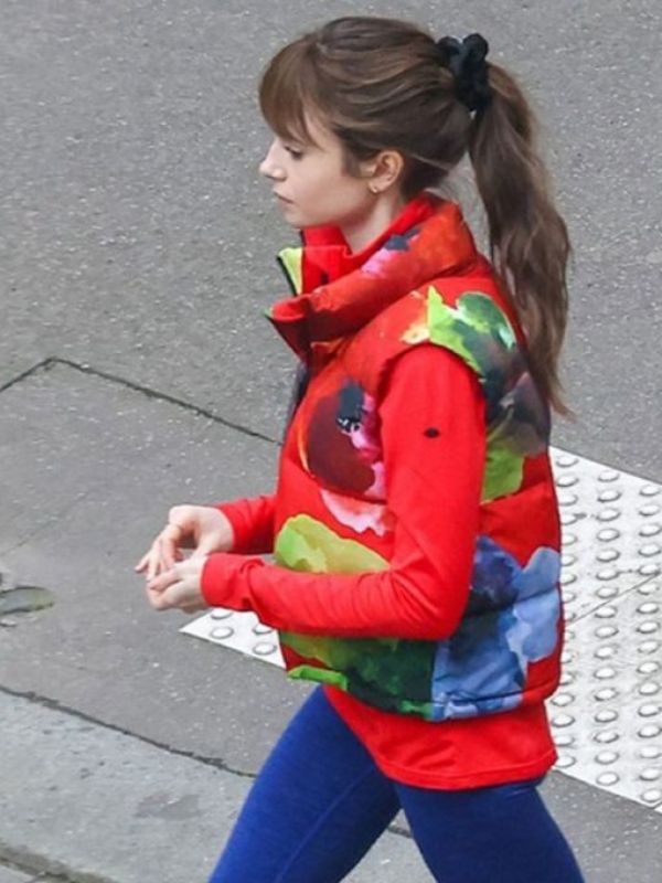 Emily In Paris S4 Lily Collins Red Puffer Vest