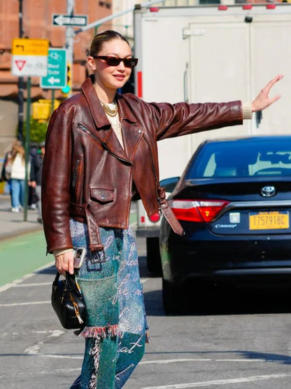 Gigi Hadid Maroon Biker Leather Jacket