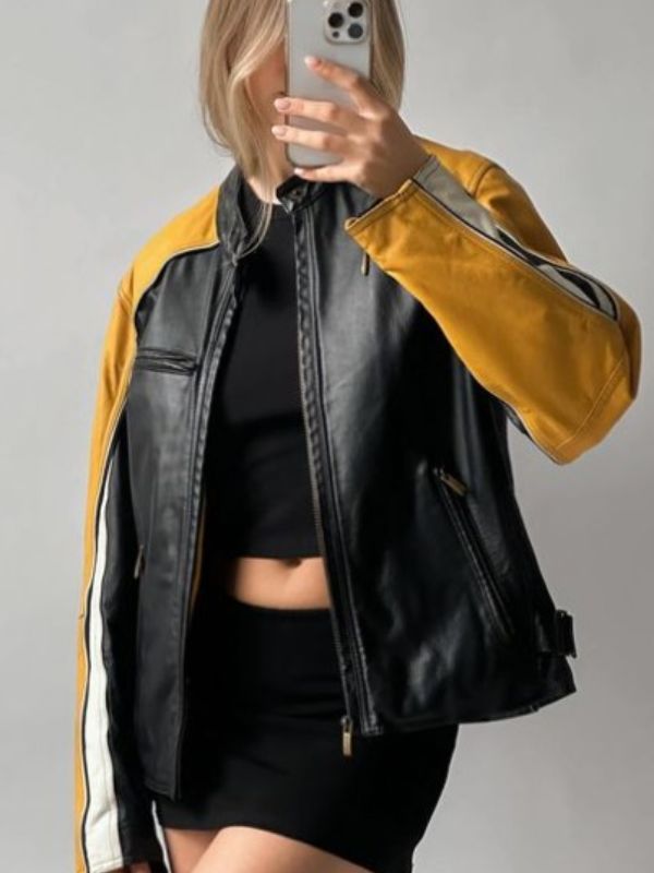 Hailey Bieber Black and Yellow Leather Jacket