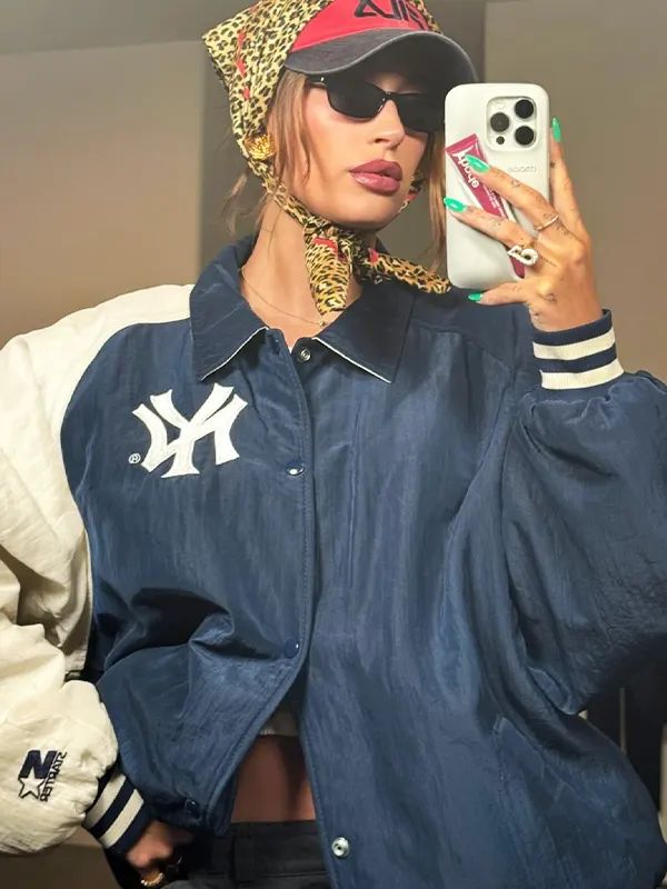 Hailey Bieber New York Yankees Blue Jacket