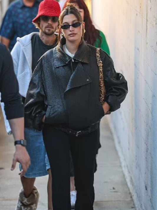 Oversized 90s Hailey Bieber Biker Black Leather Jacket