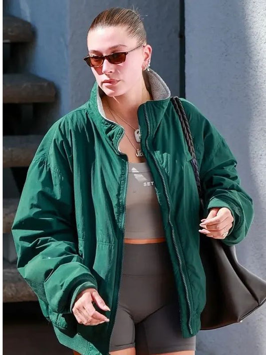 Hailey Bieber Pilates Class Green Bomber Jacket