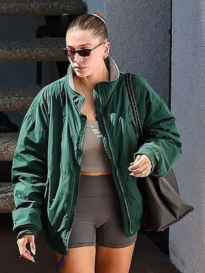 Hailey Bieber Pilates Class Green Bomber Jacket