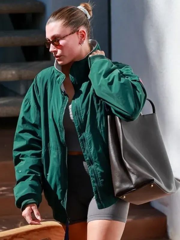 Hailey Bieber Pilates Class Green Bomber Jacket