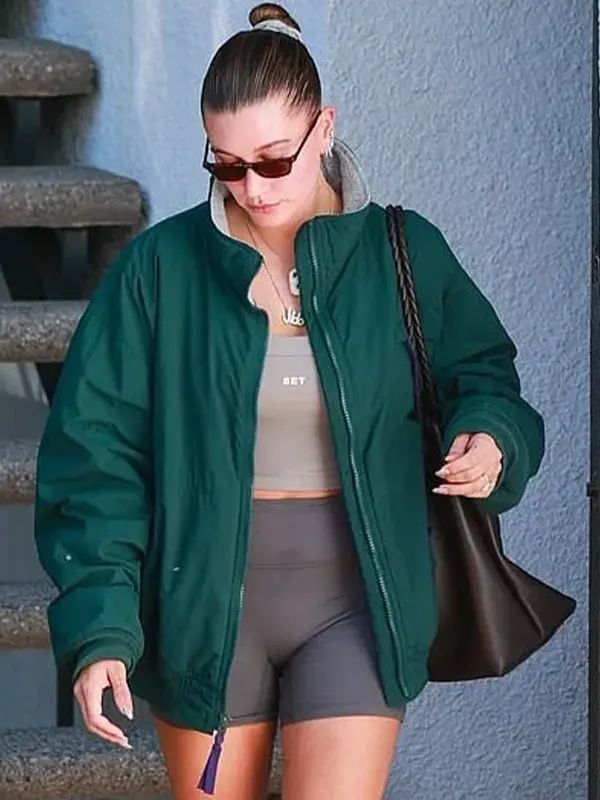 Hailey Bieber Pilates Class Green Bomber Jacket