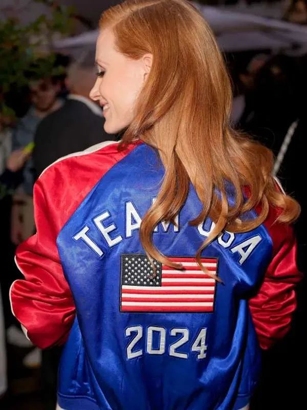 Jessica Chastain Paris Olympics Team USA Jacket in Satin