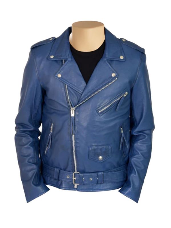 Kain Blue Classic Biker Style Leather Jacket With Belt - Sale Now