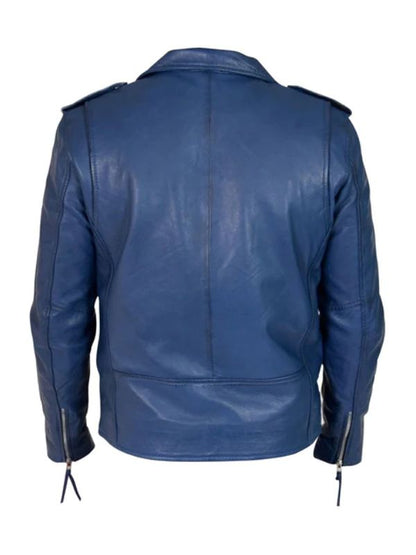 Kain Blue Classic Biker Style Leather Jacket With Belt - Sale Now