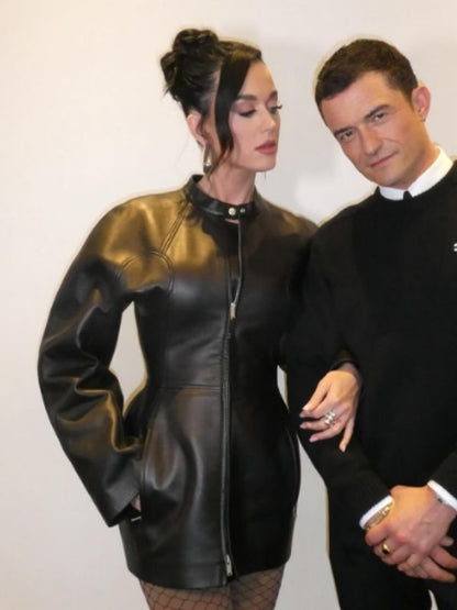 Katy Perry Oversized Black Leather Coat