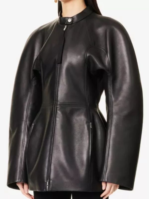 Katy Perry Oversized Black Leather Coat