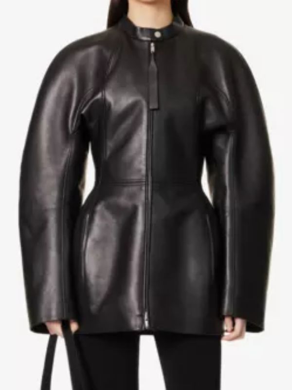 Katy Perry Oversized Black Leather Coat