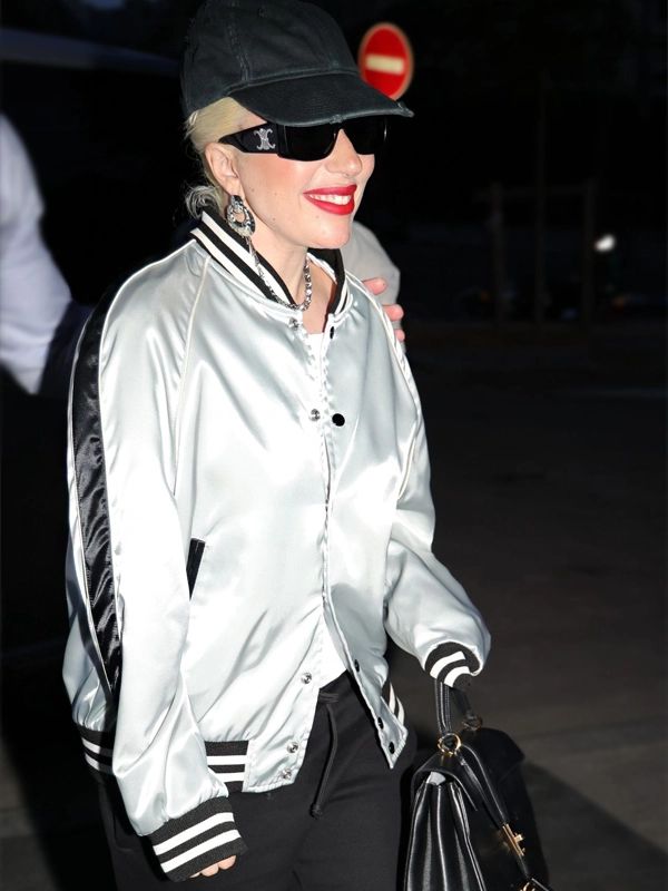 Lady Gaga Silver Metallic Striped Varsity Jacket