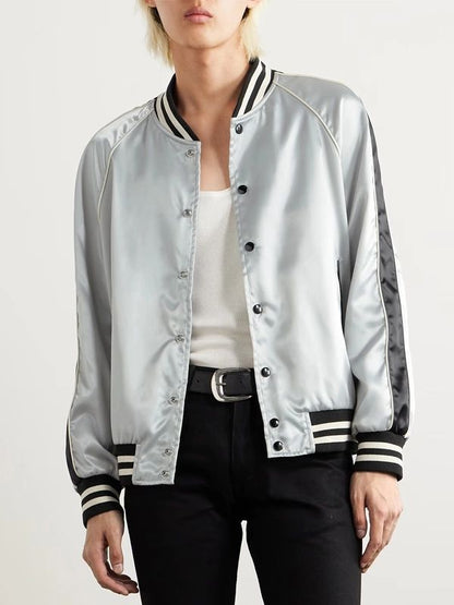 Lady Gaga Silver Metallic Striped Bomber Jacket