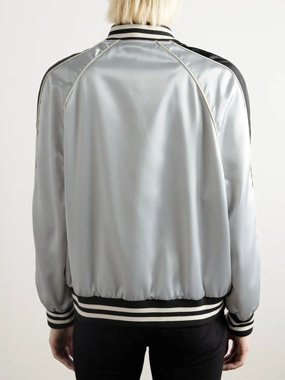 CELINE Silver Striped Satin Bomber Jacket