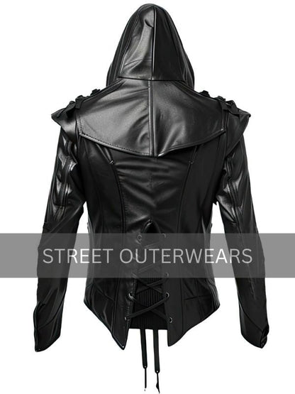 Men's Black Hooded Steampunk Gothic Leather Jacket