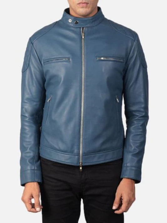 Men's Gatsby Quilted Blue Leather Biker Jacket - Sale Now