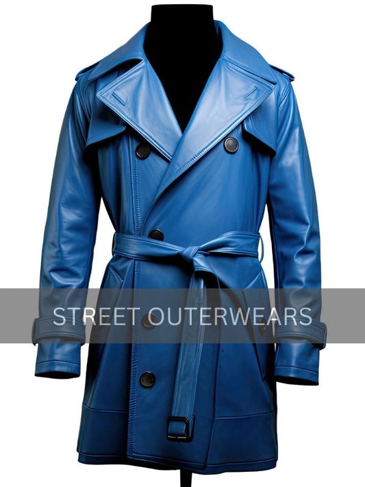 Men's Sapphire Blue Fashionable Belted Leather Coat