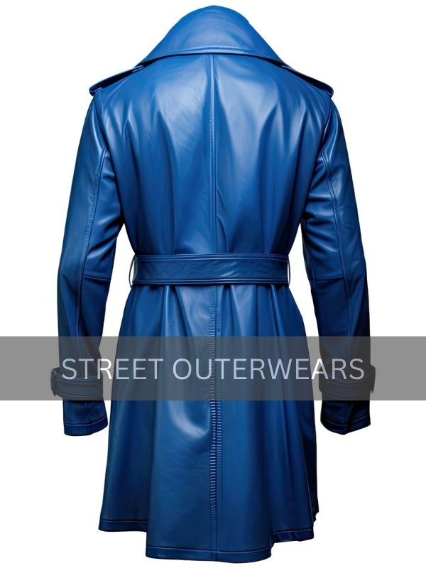 Men's Sapphire Blue Fashionable Belted Leather Coat