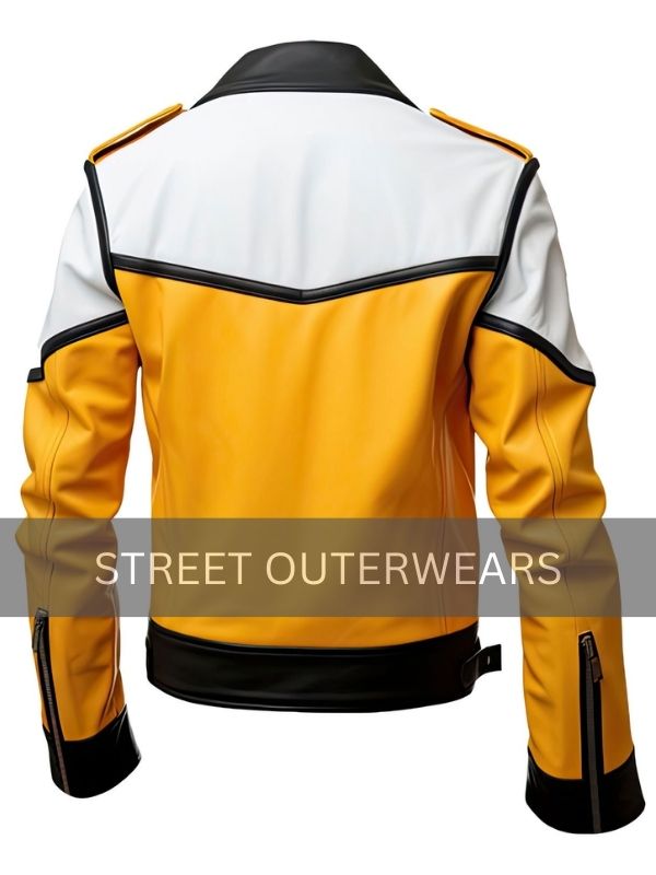 Mens Yellow and White Sheepskin Cafe Racer Leather Jacket