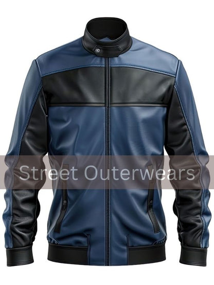 Mens Black and Blue Genuine Sheepskin Cafe Racer Leather Jacket