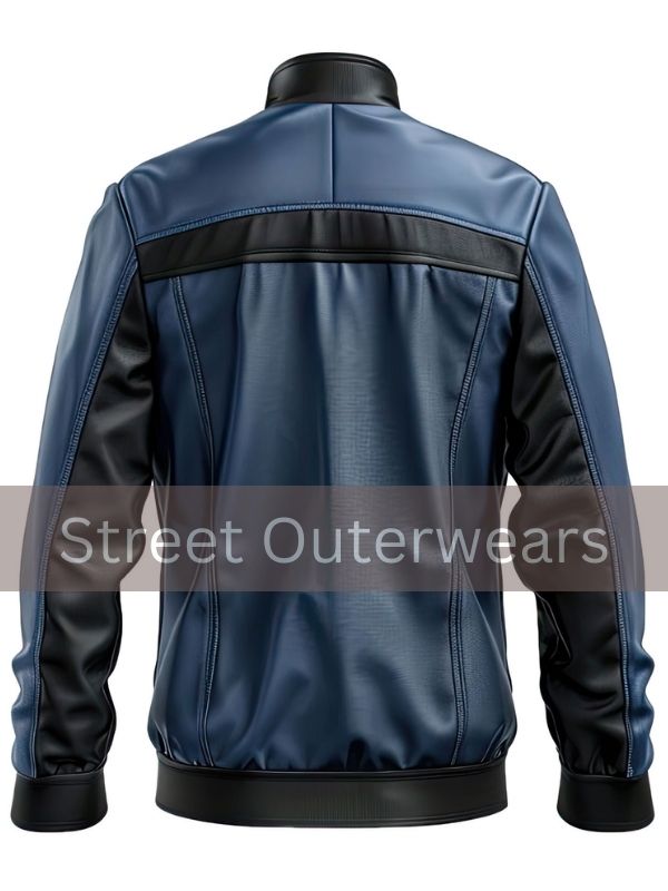 Mens Black and Blue Genuine Sheepskin Cafe Racer Leather Jacket