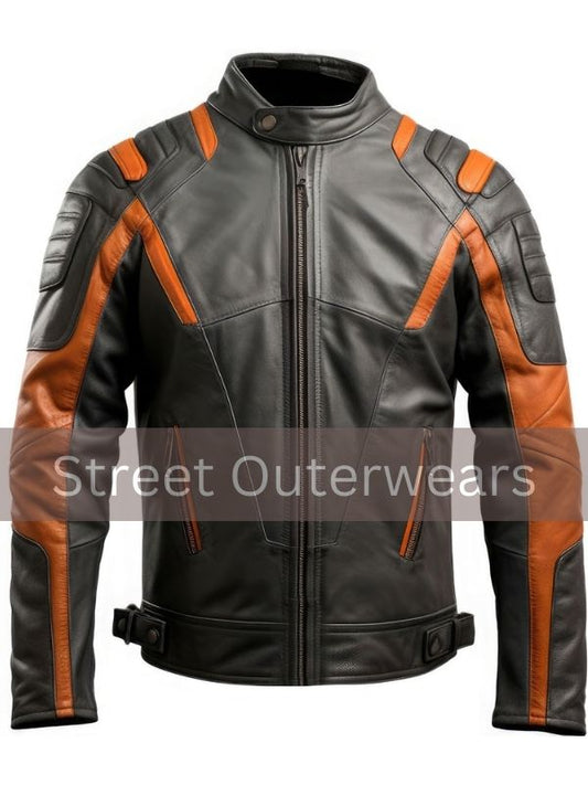 Mens Black and Orange Retro Smooth Cafe Racer Leather Jacket