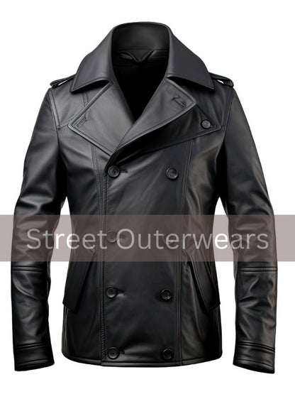 Mens Black Genuine Sheepskin Double Breasted Leather Pea Coat