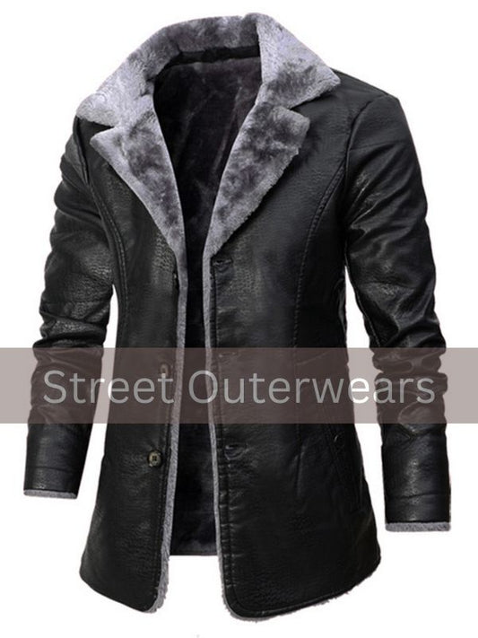 Mens Black Sheepskin Faux Fur Trench Leather Coat