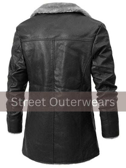 Mens Black Sheepskin Faux Fur Trench Leather Coat