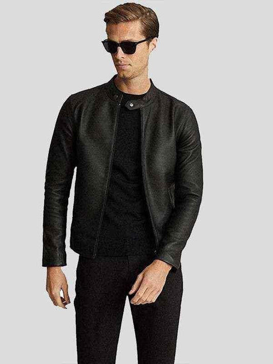 Mens Black Slim Fit Cafe Racer Leather Jacket - Sale